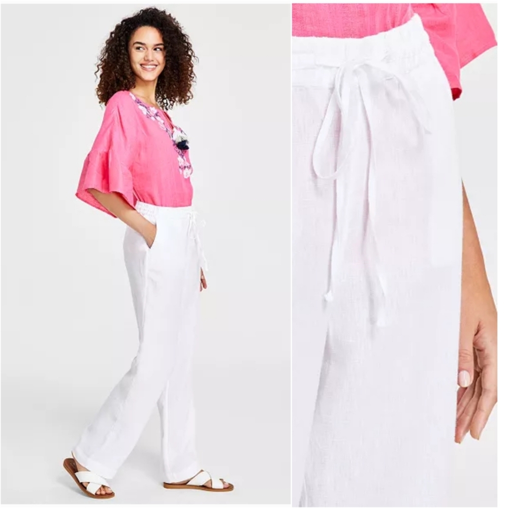 Linen Luxury Charter Club Women's White Linen Elastic Straight Leg Pants, Small